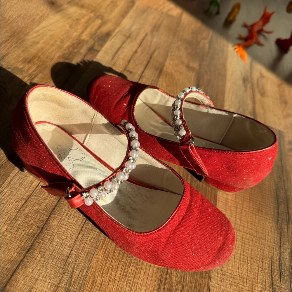 Stelle Girls Red Sparkle Princess Holiday Dorothy Ruby Slippers Pearls Size 1
